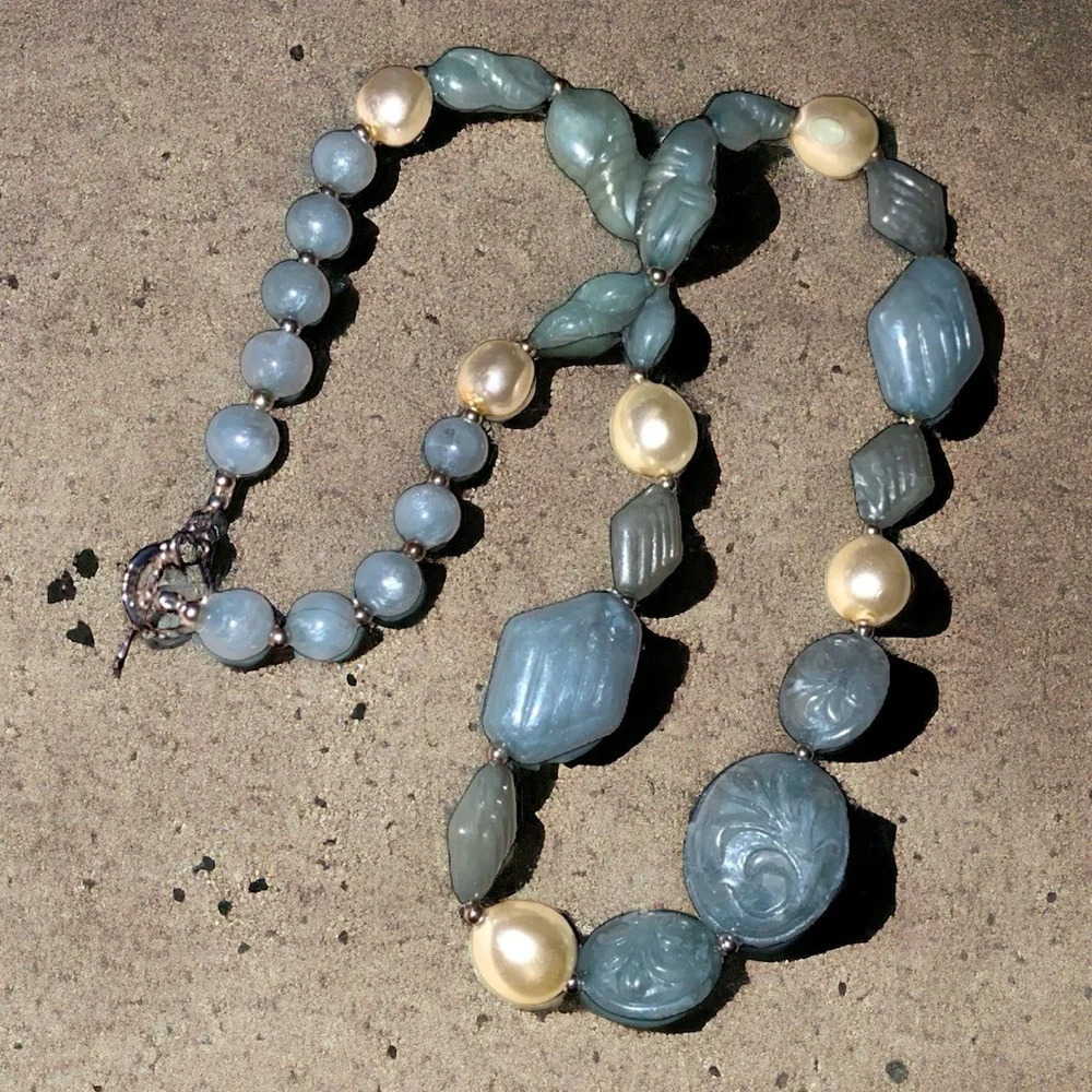 Vintage Beaded Faux Pearl Bead Silver Tone Toggle Clasp Necklace